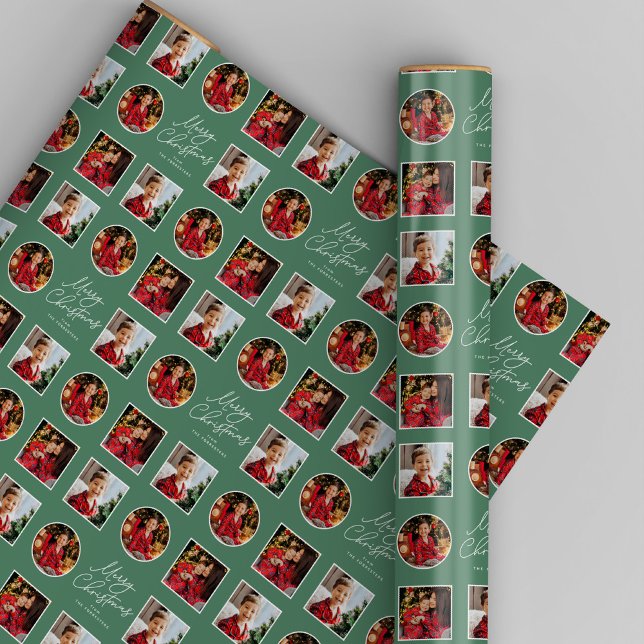 Merry Christmas three photo green holiday Wrapping Paper (Creator Uploaded)