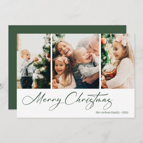 Merry Christmas Three Photo Greeting Holiday Card