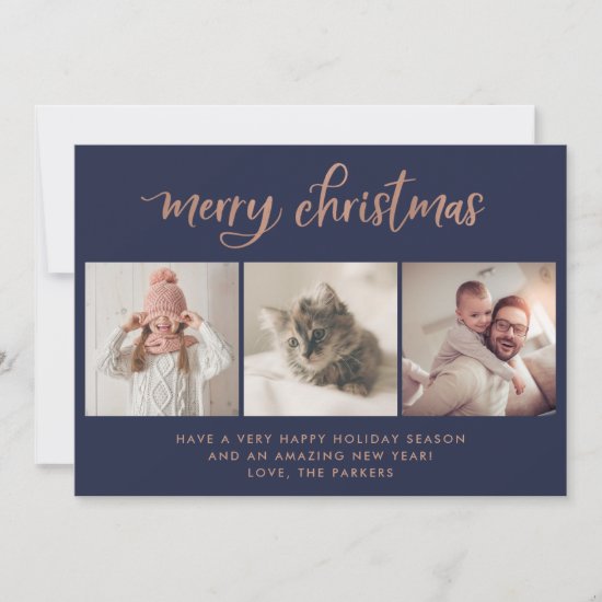 Merry Christmas | Three Photo Navy and Rose Gold Holiday Card