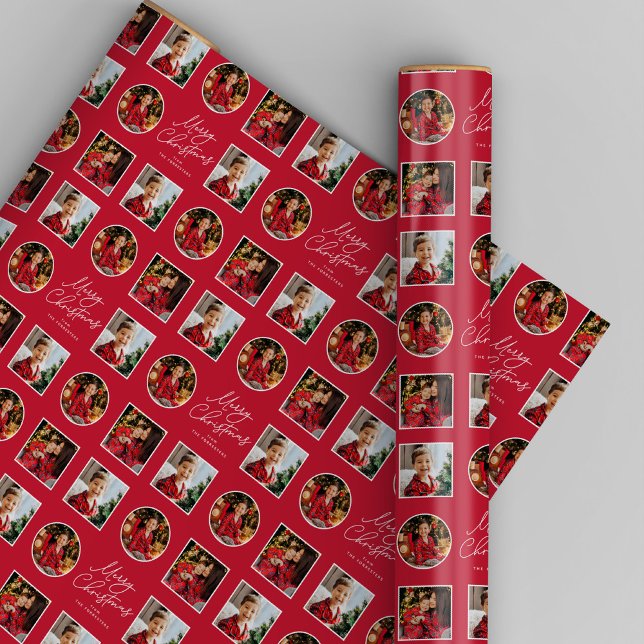 Merry Christmas three photo red holiday Wrapping Paper (Creator Uploaded)