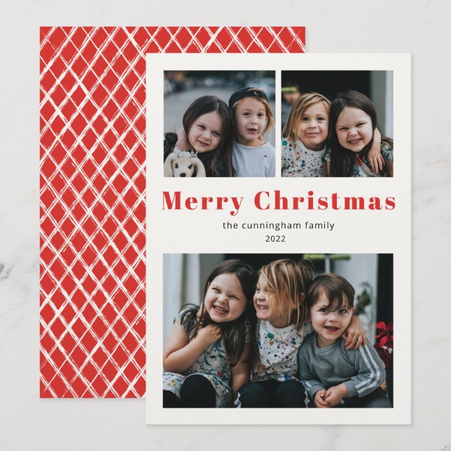 Merry Christmas Three Photo Simple Red Kraft Holid Holiday Card (Front/Back)