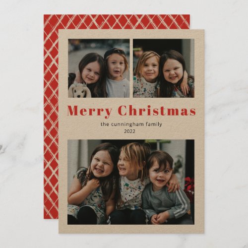 Merry Christmas Three Photo Simple Red Kraft Holid Holiday Card