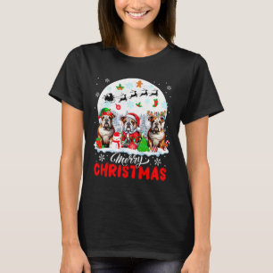 Merry Christmas Three Santa Elf Reindeer Bulldogs T-Shirt