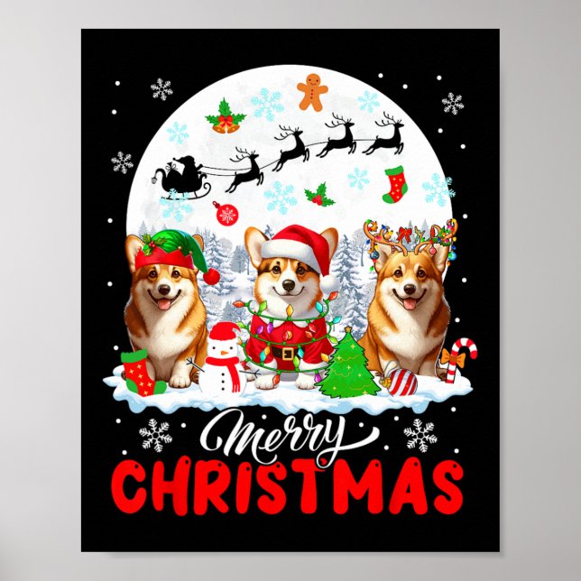 Merry Christmas Three Santa Elf Reindeer Corgis Ow Poster (Front)