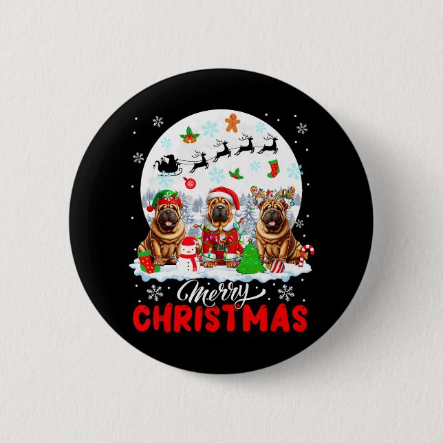Merry Christmas Three Santa Elf Reindeer Shar Peis Button (Front)