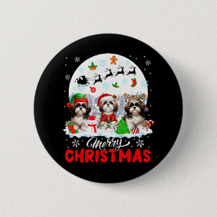 Merry Christmas Three Santa Elf Reindeer Shih Tzus Button