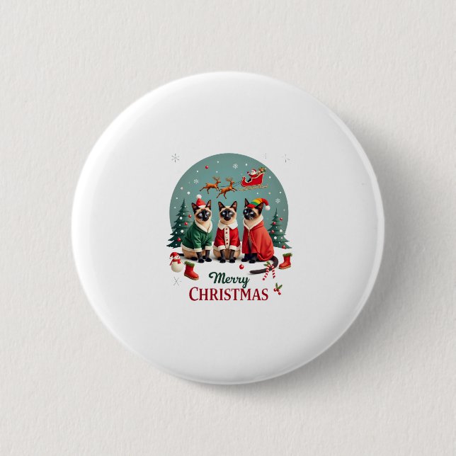Merry Christmas Three Santa Elf Reindeer Siamese C Button (Front)