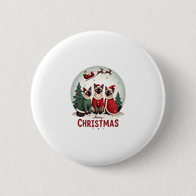 Merry Christmas Three Santa Elf Reindeer Siamese C Button (Front)