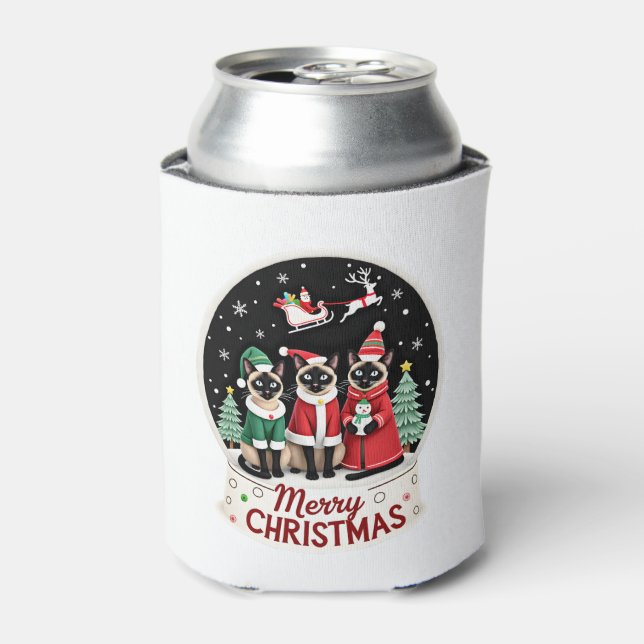 Merry Christmas Three Santa Elf Reindeer Siamese C Can Cooler (Can Front)