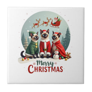 Merry Christmas Three Santa Elf Reindeer Siamese C Ceramic Tile