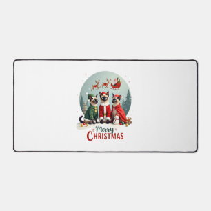 Merry Christmas Three Santa Elf Reindeer Siamese C Desk Mat