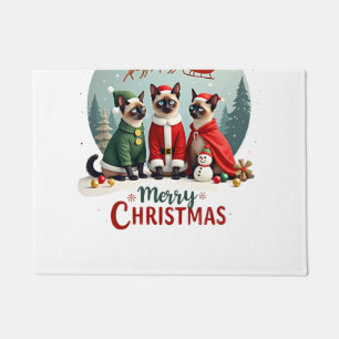 Merry Christmas Three Santa Elf Reindeer Siamese C Doormat