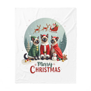 Merry Christmas Three Santa Elf Reindeer Siamese C Fleece Blanket