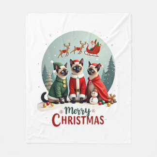 Merry Christmas Three Santa Elf Reindeer Siamese C Fleece Blanket