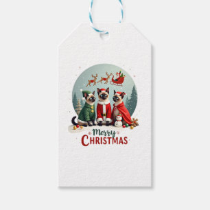Merry Christmas Three Santa Elf Reindeer Siamese C Gift Tags