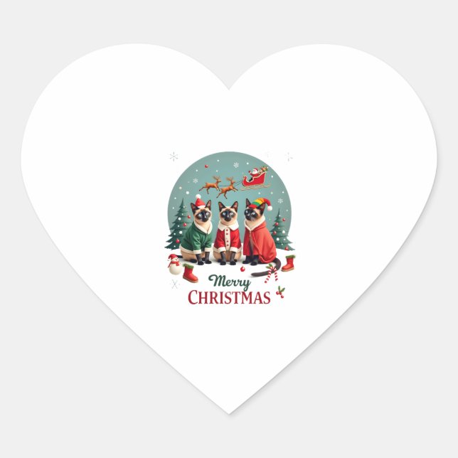 Merry Christmas Three Santa Elf Reindeer Siamese C Heart Sticker (Front)