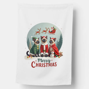 Merry Christmas Three Santa Elf Reindeer Siamese C House Flag