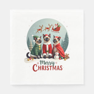 Merry Christmas Three Santa Elf Reindeer Siamese C Napkins