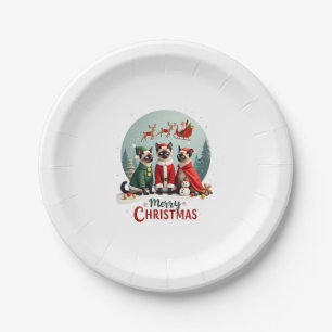 Merry Christmas Three Santa Elf Reindeer Siamese C Paper Plates