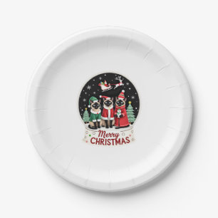 Merry Christmas Three Santa Elf Reindeer Siamese C Paper Plates