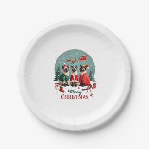 Merry Christmas Three Santa Elf Reindeer Siamese C Paper Plates
