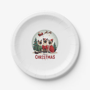 Merry Christmas Three Santa Elf Reindeer Siamese C Paper Plates