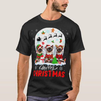 Merry Christmas Three Santa Elf Reindeer Siamese C T-Shirt