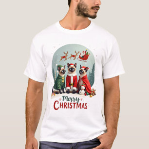 Merry Christmas Three Santa Elf Reindeer Siamese C T-Shirt