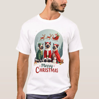 Merry Christmas Three Santa Elf Reindeer Siamese C T-Shirt