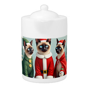 Merry Christmas Three Santa Elf Reindeer Siamese C Teapot
