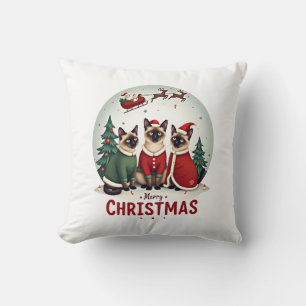 Merry Christmas Three Santa Elf Reindeer Siamese C Throw Pillow
