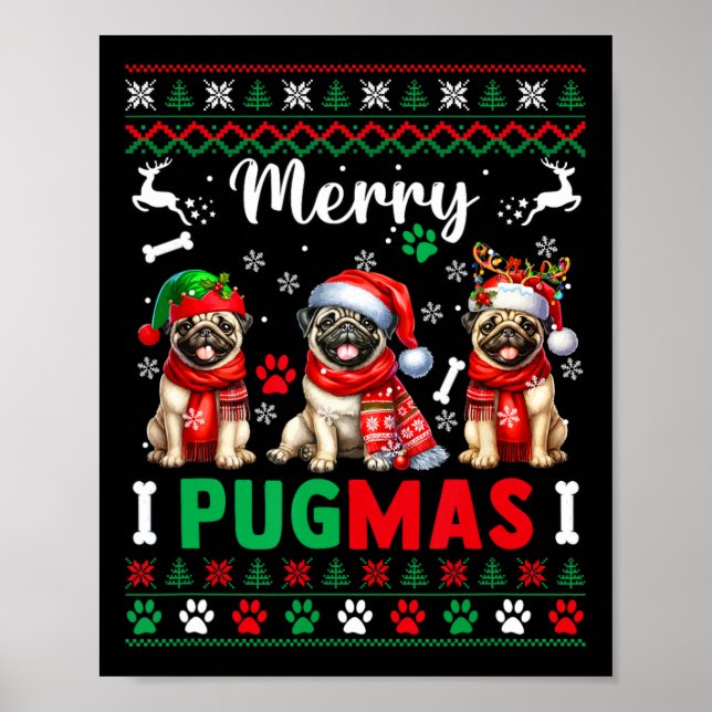 Merry Christmas Three Santa Pugs Colorful Sweater  Poster (Front)