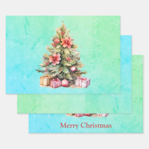 Merry Christmas Three Style Christmas Tree Wrapping Paper Sheets