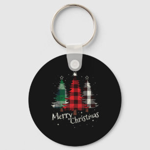 Merry Christmas Three Xmas Trees Buffalo Plaid Wom Keychain