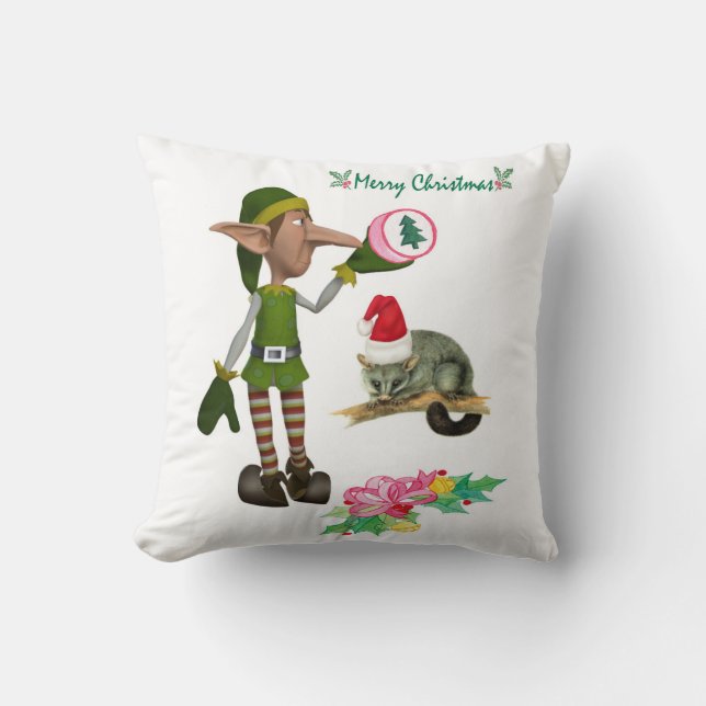 Merry Christmas Throw Pillow, Elf Possum Throw Pillow (Front)
