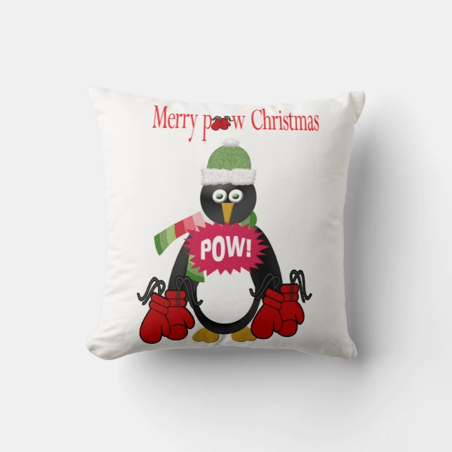 Merry Christmas Throw Pillow, Penguin Boxing Pow  Pillow (Front)