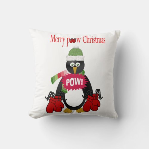 Merry Christmas Throw Pillow Penguin Boxing Pow  Throw Pillow