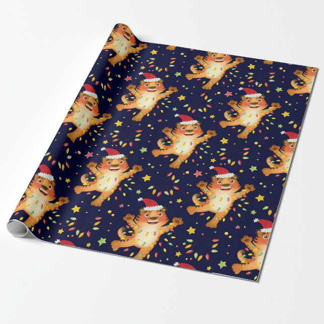 Merry Christmas Tiger Santa Wrapping Paper (Unrolled)