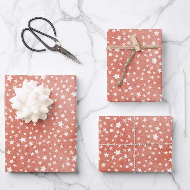 Merry Christmas Tiny White Stars Twinkling on Red Wrapping Paper Sheets (Front)