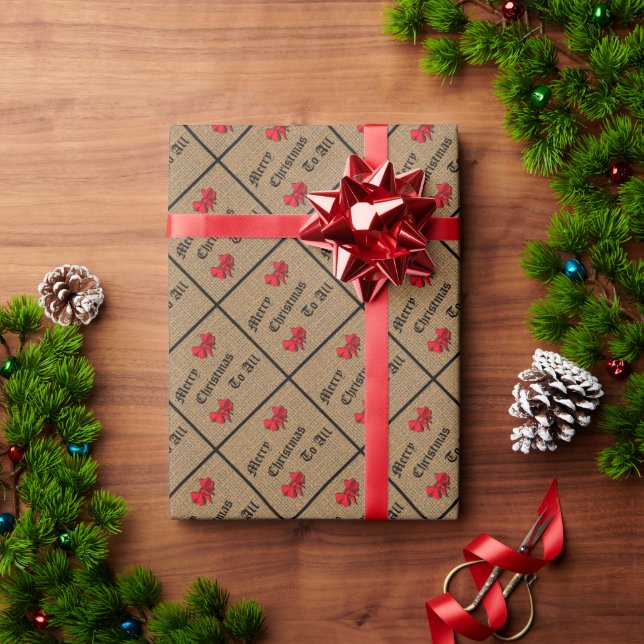 Merry Christmas To All Burlap with Red Trim Wrapping Paper (Holiday Gift)