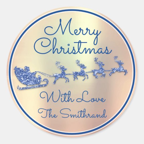 Merry Christmas To From Blue Santa Reindeer Rose Classic Round Sticker