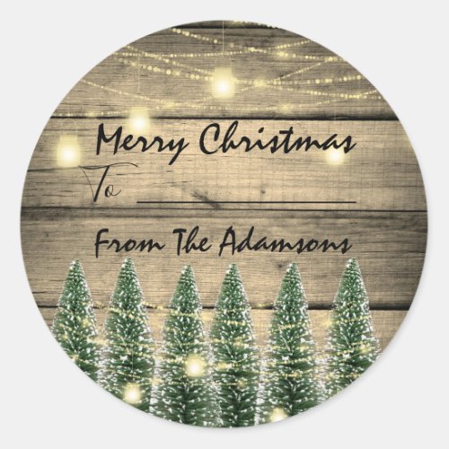 Merry Christmas ToFrom Name Rustic Tree Farm Classic Round Sticker