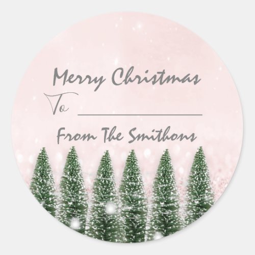 Merry Christmas ToFrom Name Rustic Tree Pink Classic Round Sticker