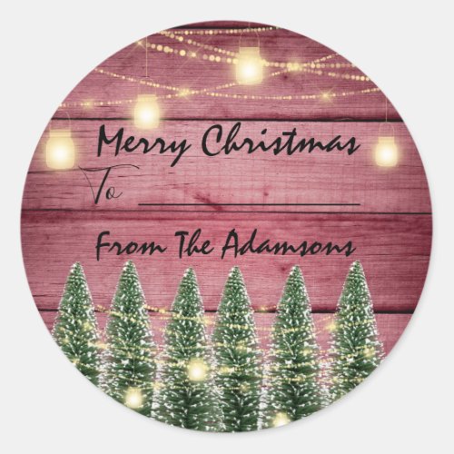 Merry Christmas ToFrom Name Rustic Tree Pink Classic Round Sticker