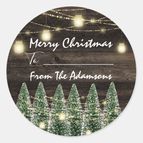 Merry Christmas ToFrom Name Rustic Tree Wood Classic Round Sticker