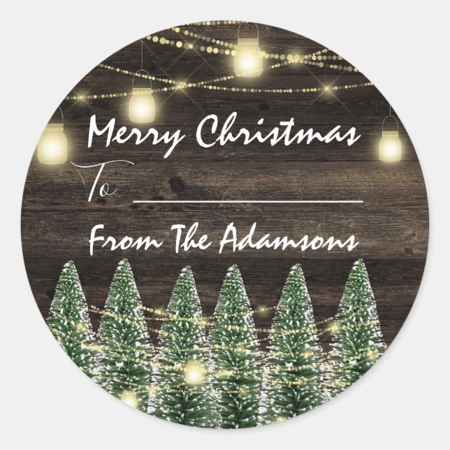 Merry Christmas To..From Name Rustic Tree Wood Classic Round Sticker (Front)