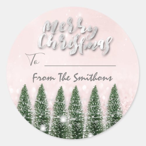 Merry Christmas ToFrom Name Tree Pink Glitter Classic Round Sticker
