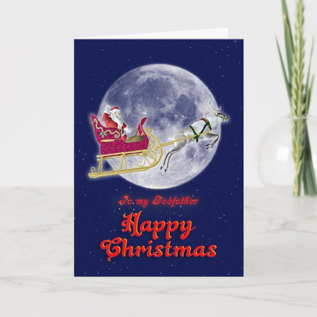 Merry Christmas to godfather, Santa in his sleigh Holiday Card (Front)