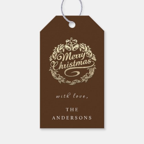 Merry Christmas To Name Wreath Royal Bells Brown Gift Tags