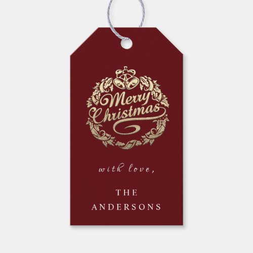 Merry Christmas To Name Wreath Royal Bells Maroon Gift Tags